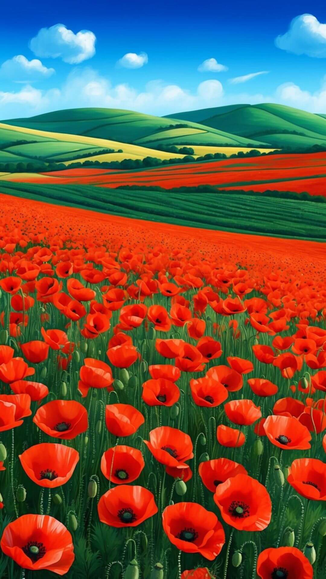 A vast field of vibrant red poppies stretches out under a bright blue sky, with rolling hills in the distance