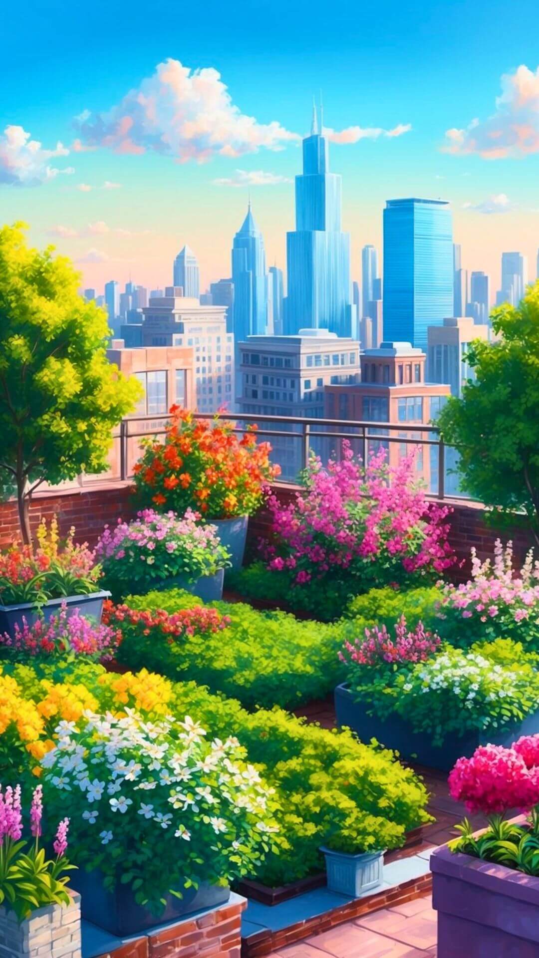 A colorful rooftop garden with blooming flowers and lush greenery overlooking a city skyline on a sunny spring day