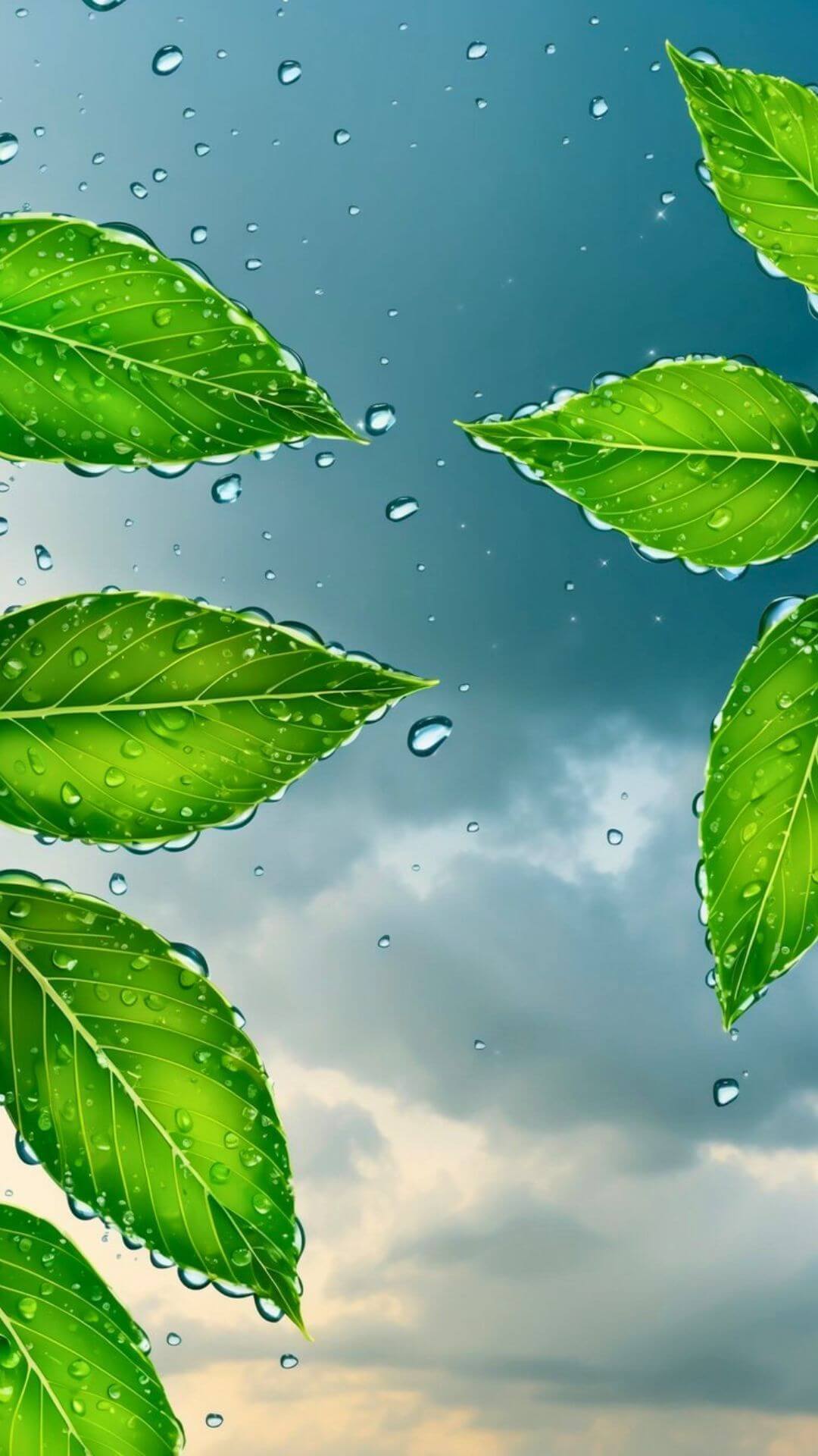 Raindrops glisten on fresh spring leaves, reflecting the soft light of a cloudy sky