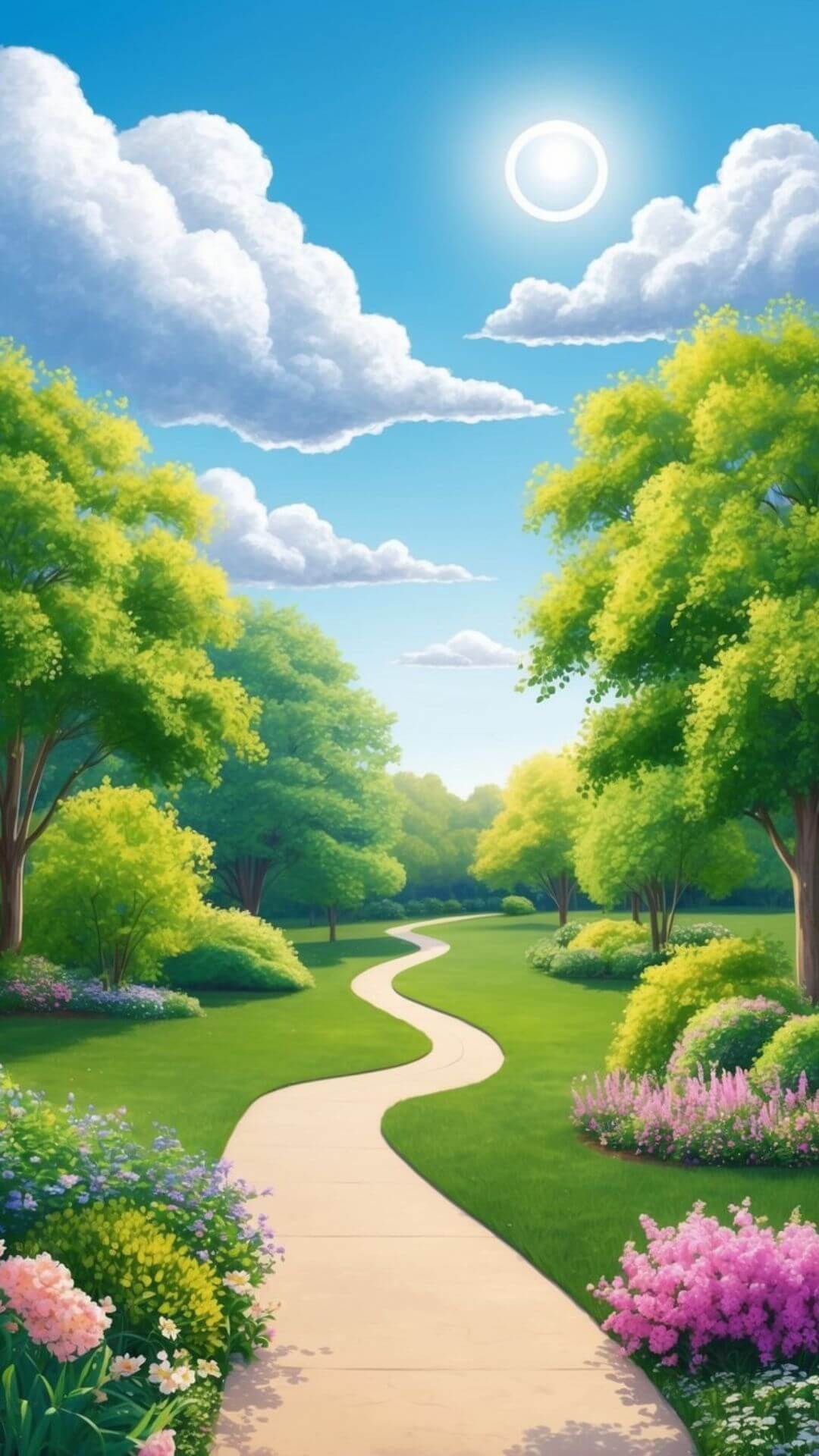 A serene park with blooming flowers and vibrant greenery, a winding path leading into the distance. A clear blue sky with fluffy white clouds overhead