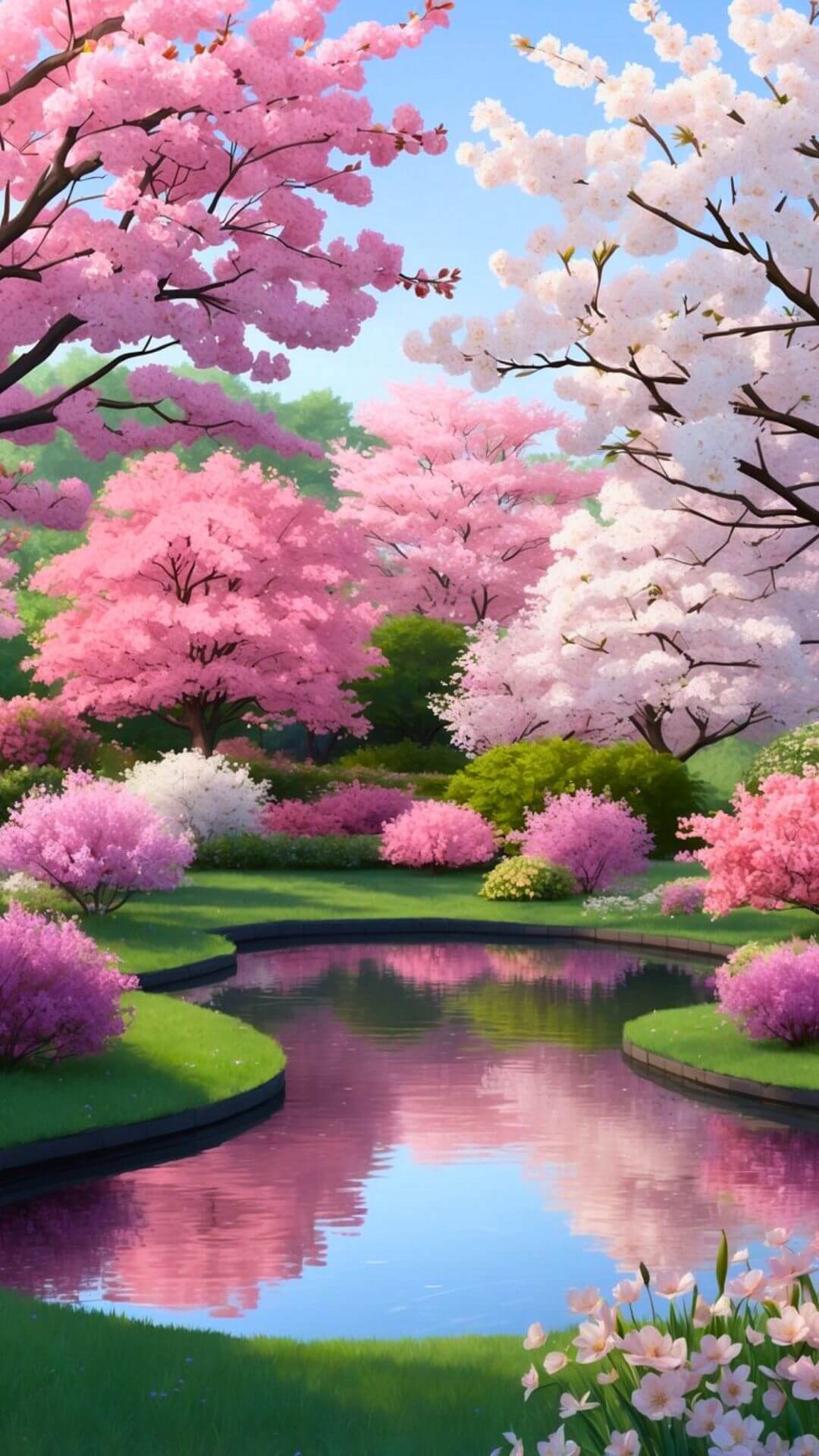 A serene garden filled with blooming cherry blossoms in various shades of pink and white, with a tranquil pond reflecting the delicate petals